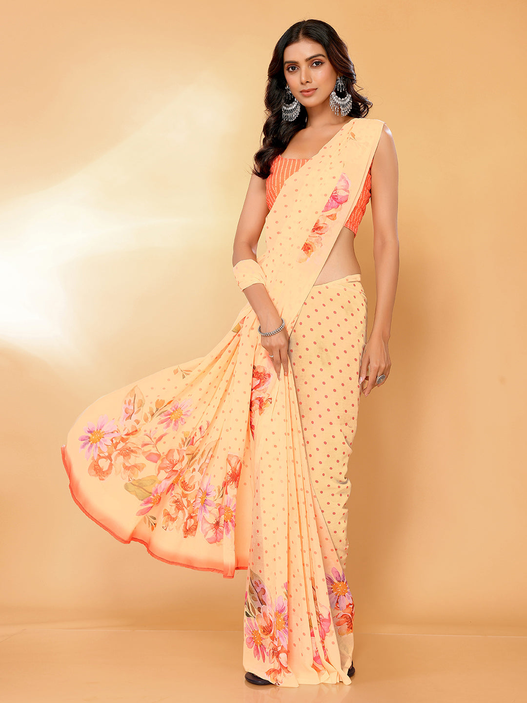 Janasya Peach Georgette Floral Printed Saree - Distacart