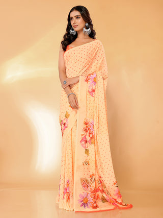 Janasya Peach Georgette Floral Printed Saree