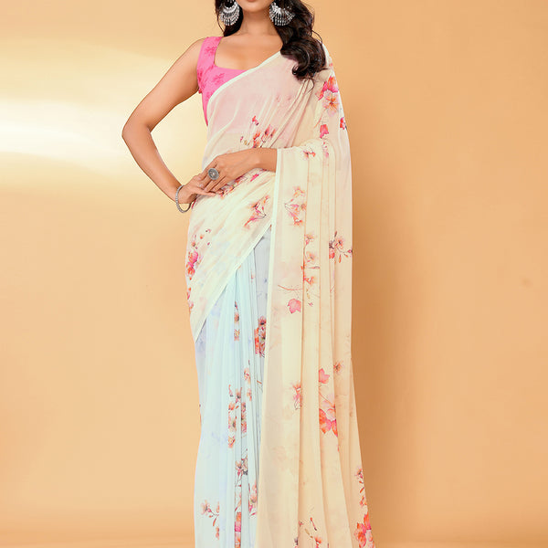 Janasya Peach Georgette Floral Printed Saree