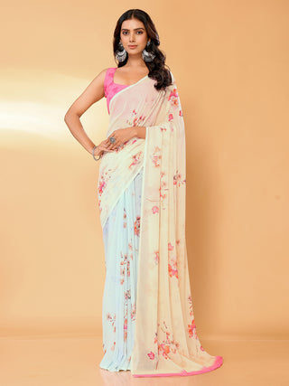 Janasya Peach Georgette Floral Printed Saree