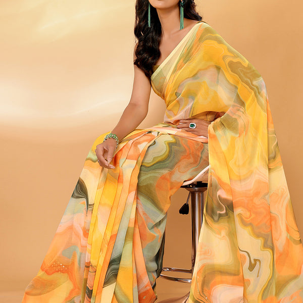 Janasya Multicolor Georgette Abstract Printed Saree