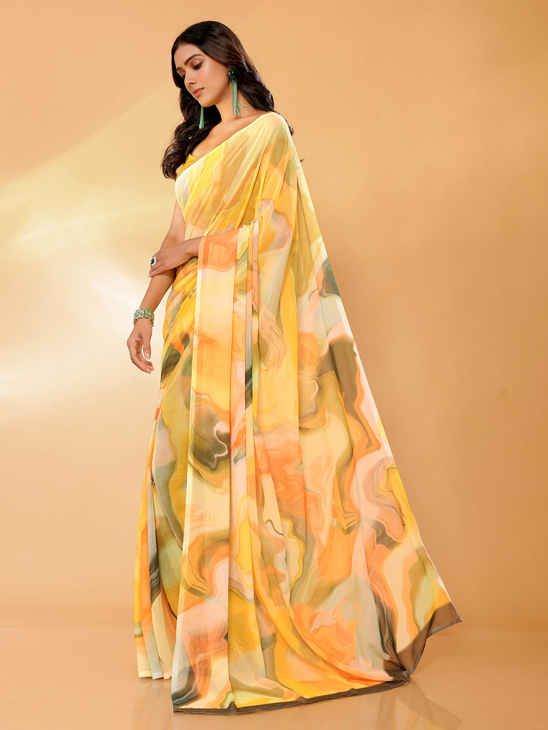 Janasya Multicolor Georgette Abstract Printed Saree