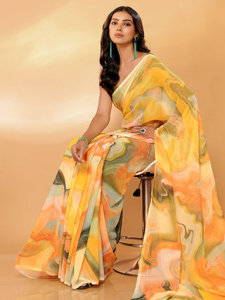 Janasya Multicolor Georgette Abstract Printed Saree