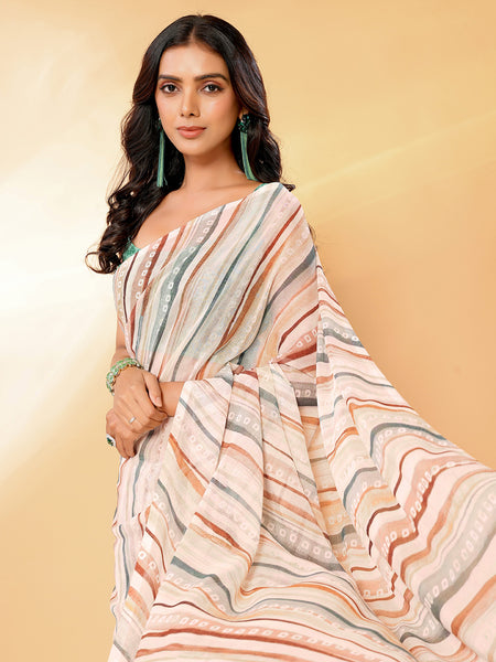Janasya Beige Georgette Leheriya Printed Saree