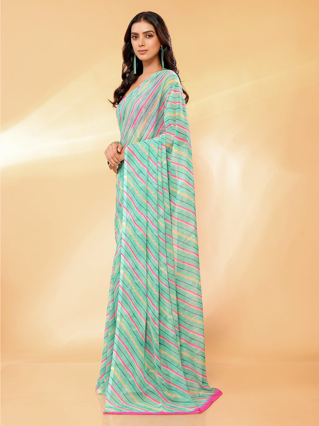 Janasya Sage Green Georgette Leheriya Printed Saree