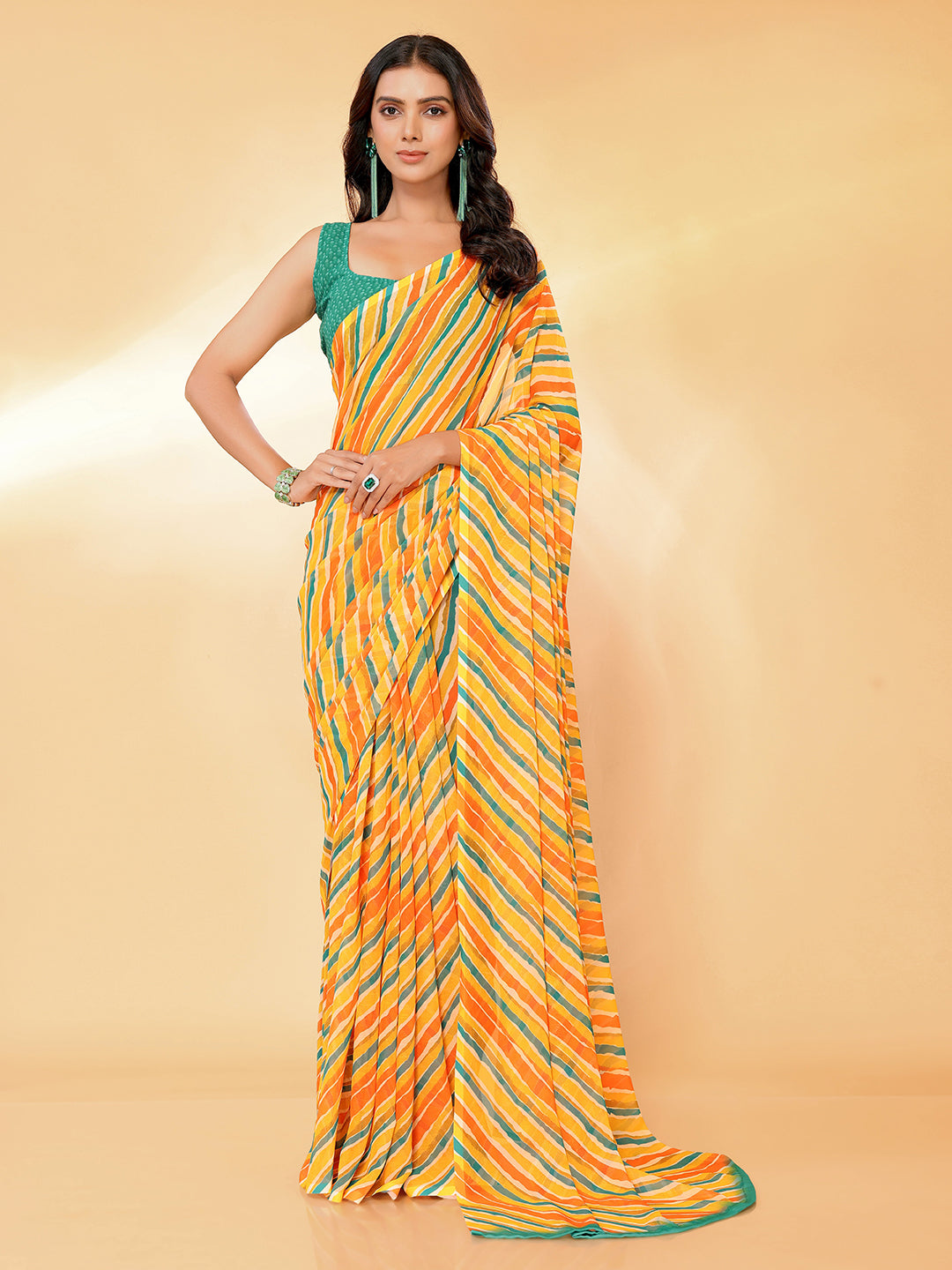 Janasya Orange Georgette Leheriya Printed Saree