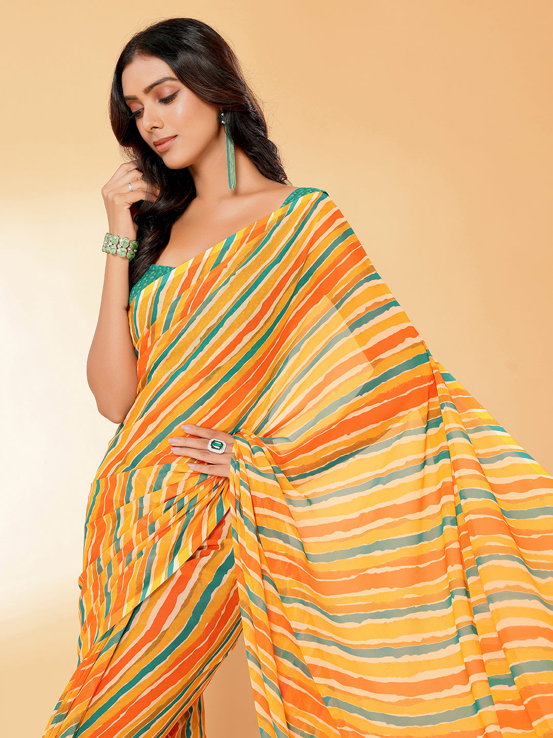 Janasya Orange Georgette Leheriya Printed Saree