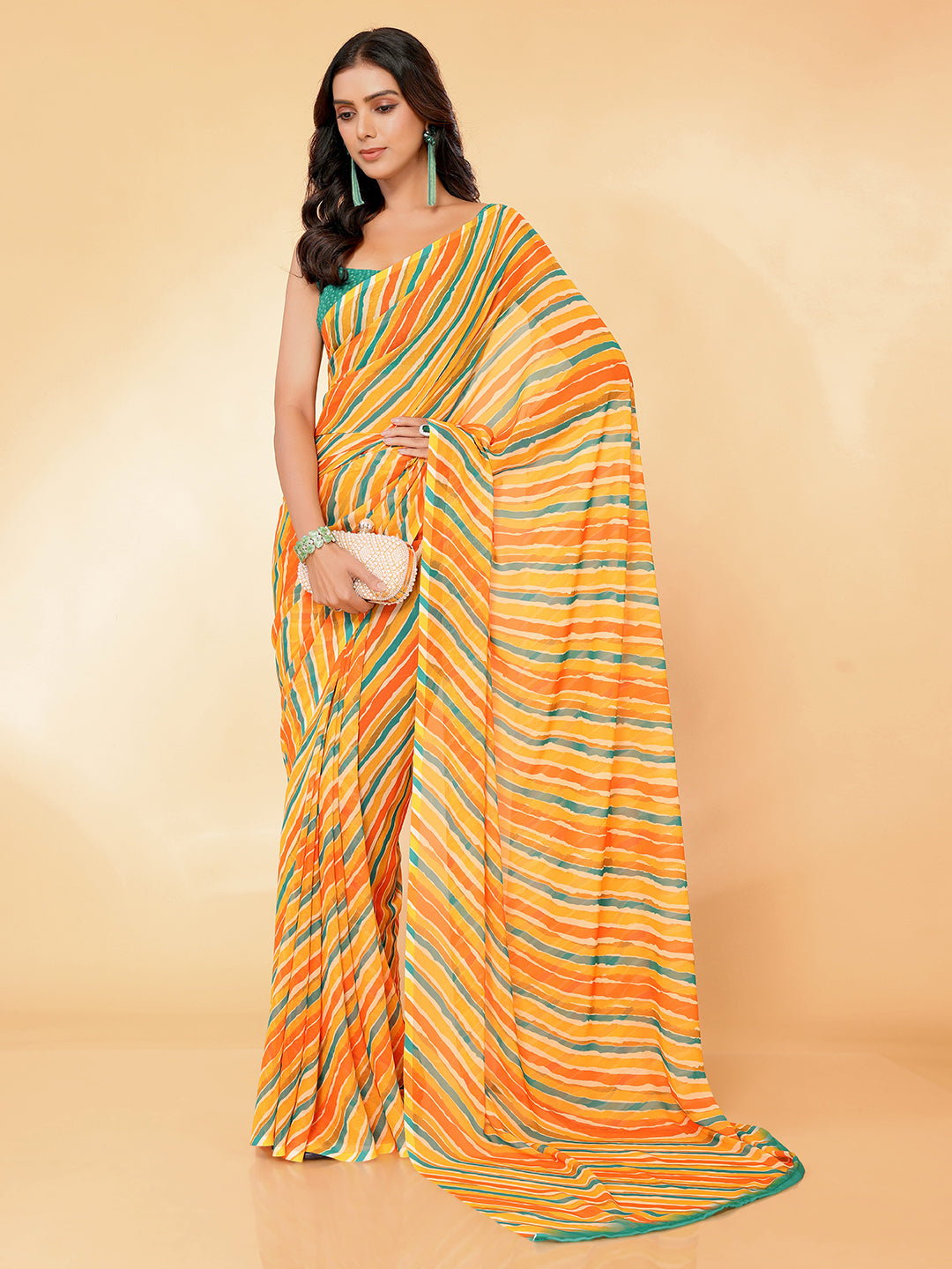 Janasya Orange Georgette Leheriya Printed Saree