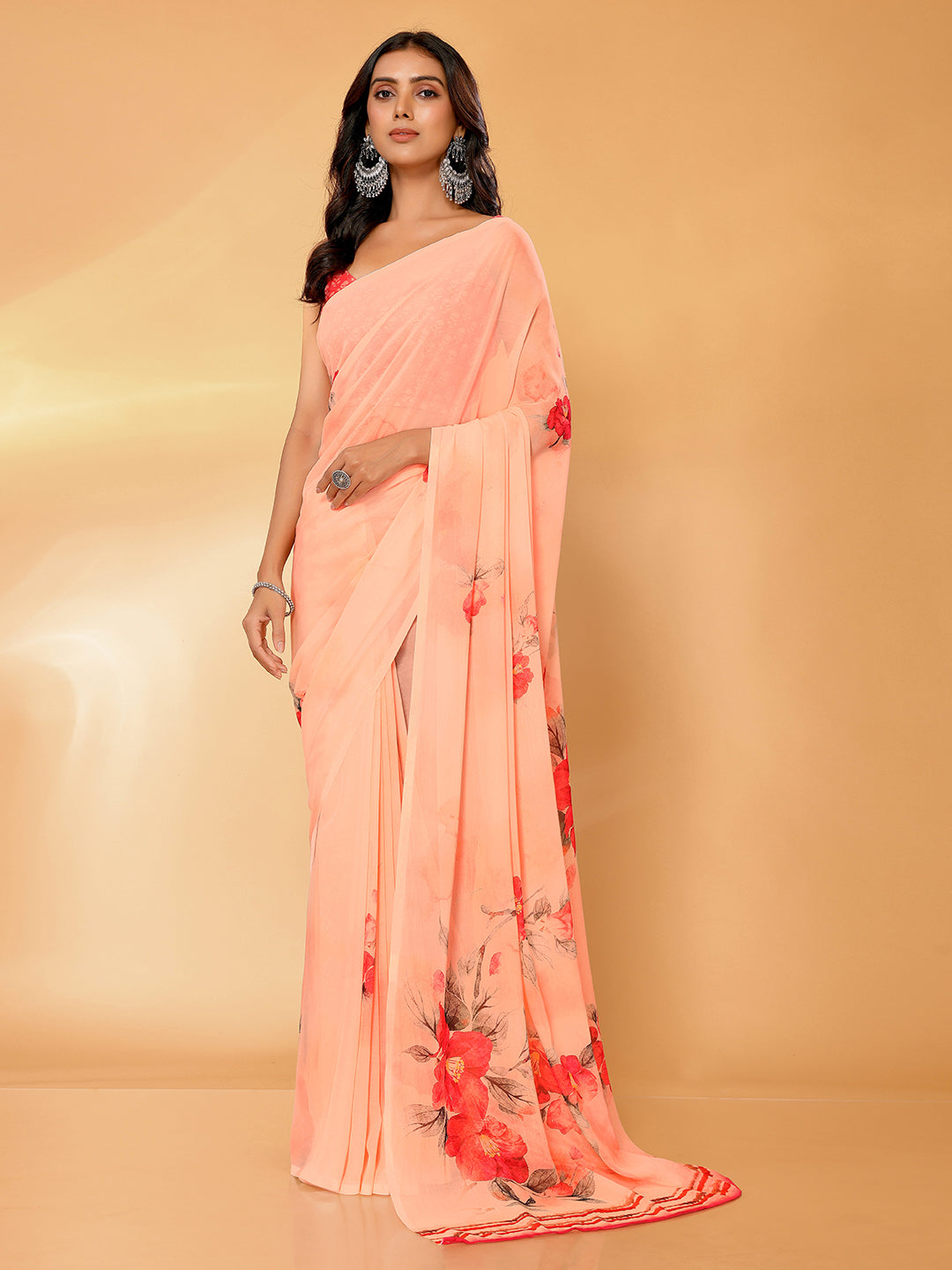 Janasya Peach Georgette Floral Printed Saree