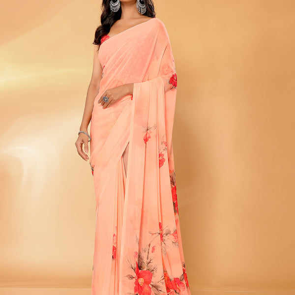 Janasya Peach Georgette Floral Printed Saree