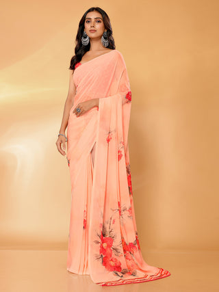 Janasya Peach Georgette Floral Printed Saree