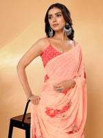 Thumbnail for Janasya Peach Georgette Floral Printed Saree