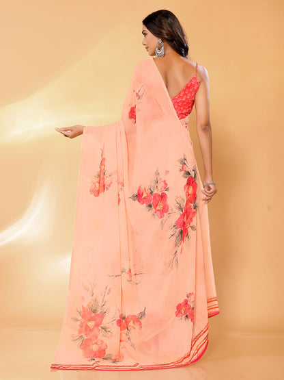 Janasya Peach Georgette Floral Printed Saree - Distacart