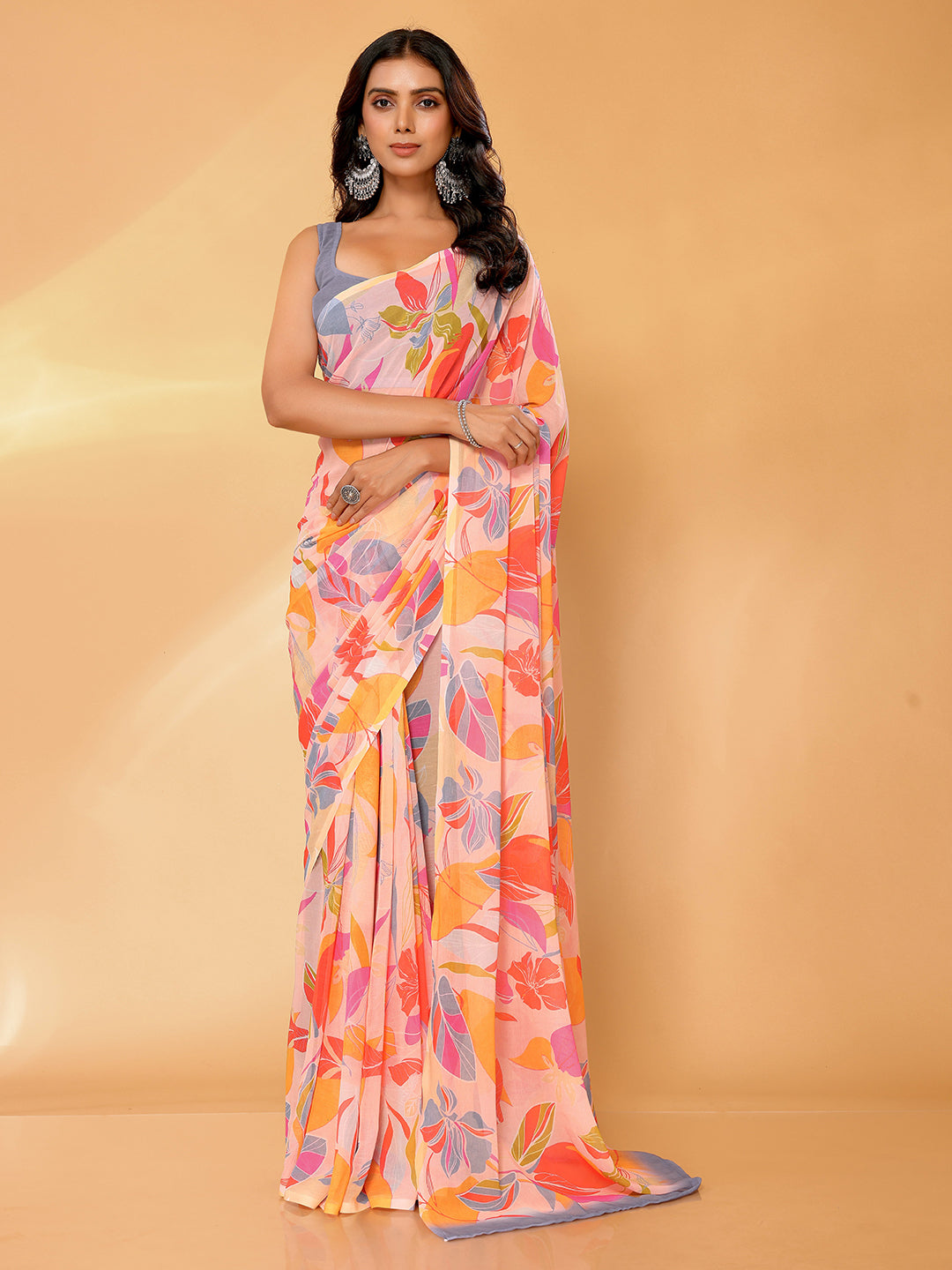 Janasya Peach Georgette Tropical Printed Saree