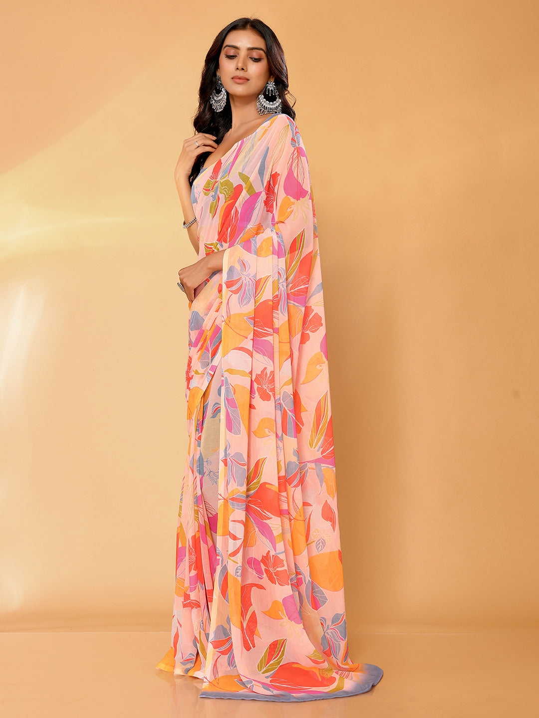 Janasya Peach Georgette Tropical Printed Saree
