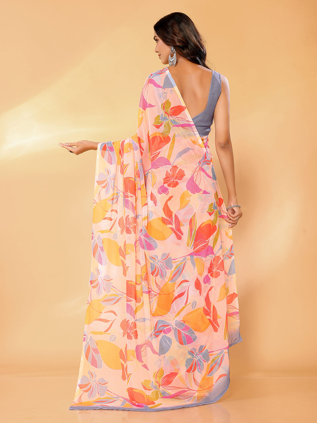 Janasya Peach Georgette Tropical Printed Saree