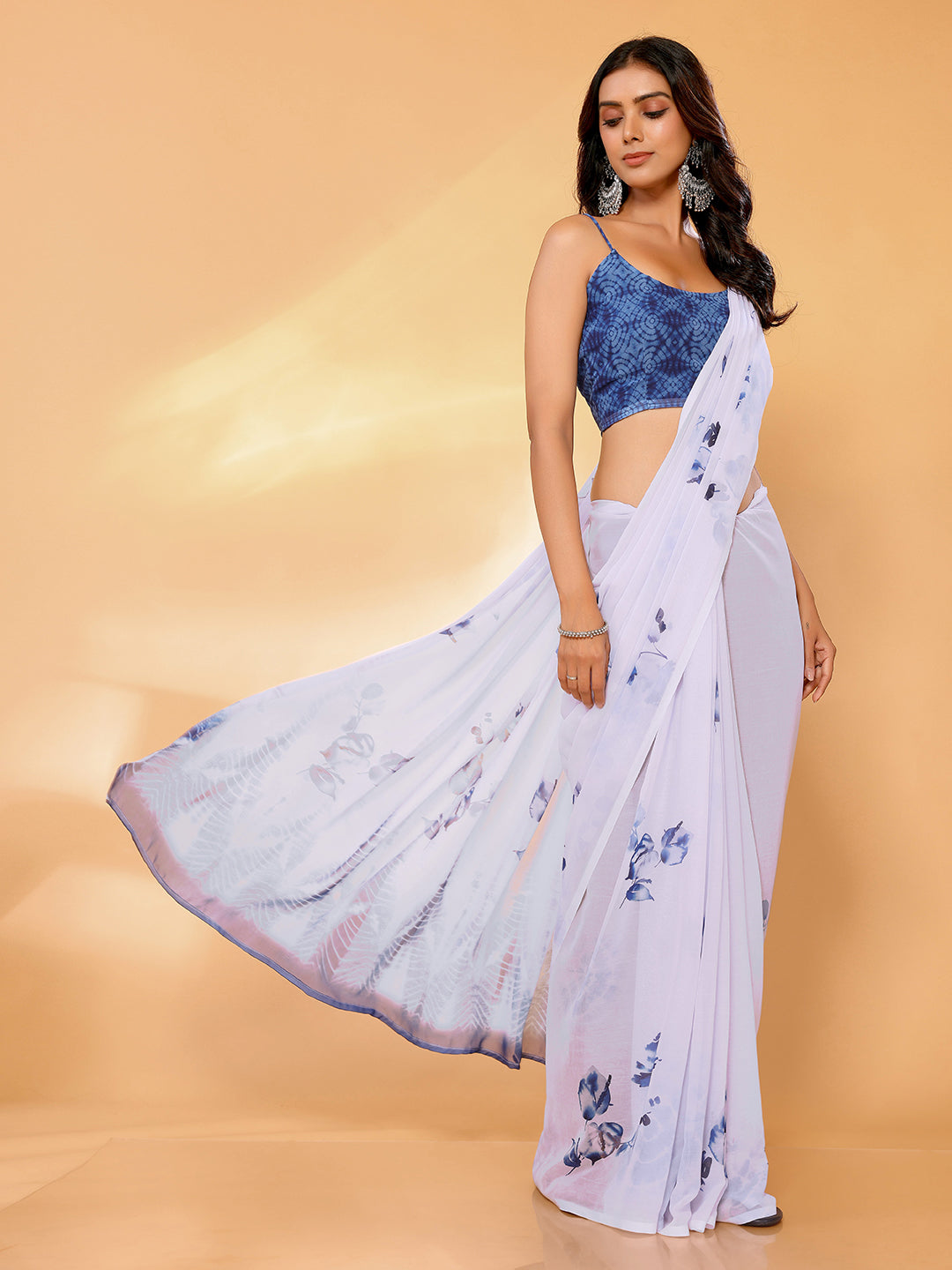 Janasya White Georgette Floral Printed Saree