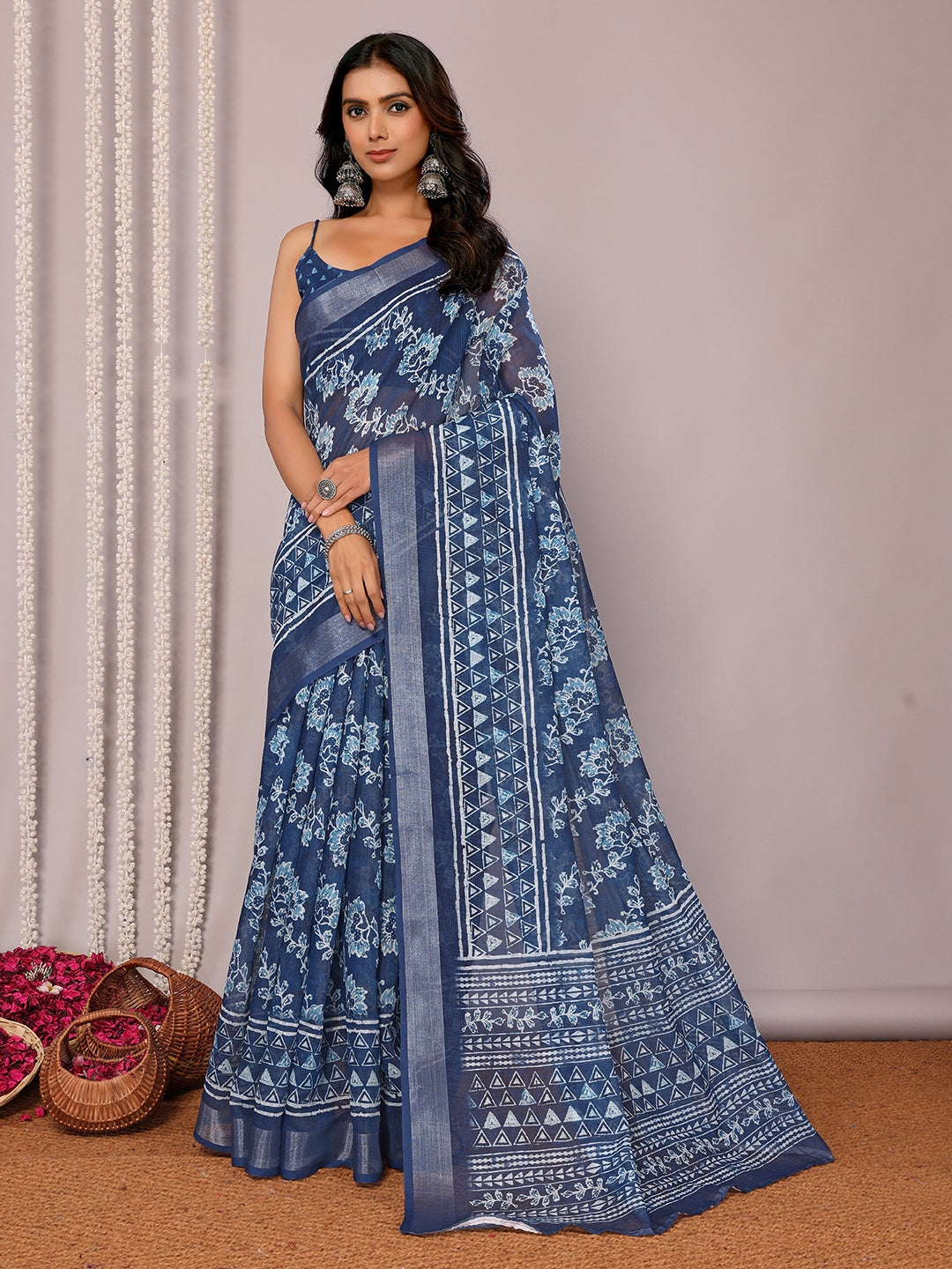 Janasya Navy Blue Cotton Linen Floral Printed Saree