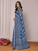 Thumbnail for Janasya Navy Blue Cotton Linen Floral Printed Saree