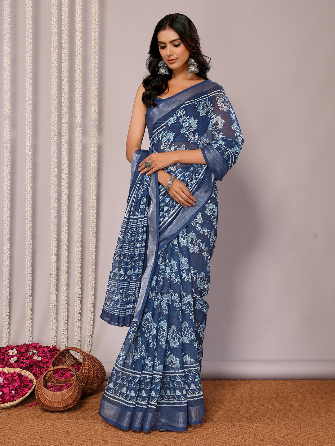 Janasya Navy Blue Cotton Linen Floral Printed Saree