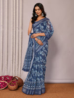 Thumbnail for Janasya Navy Blue Cotton Linen Floral Printed Saree
