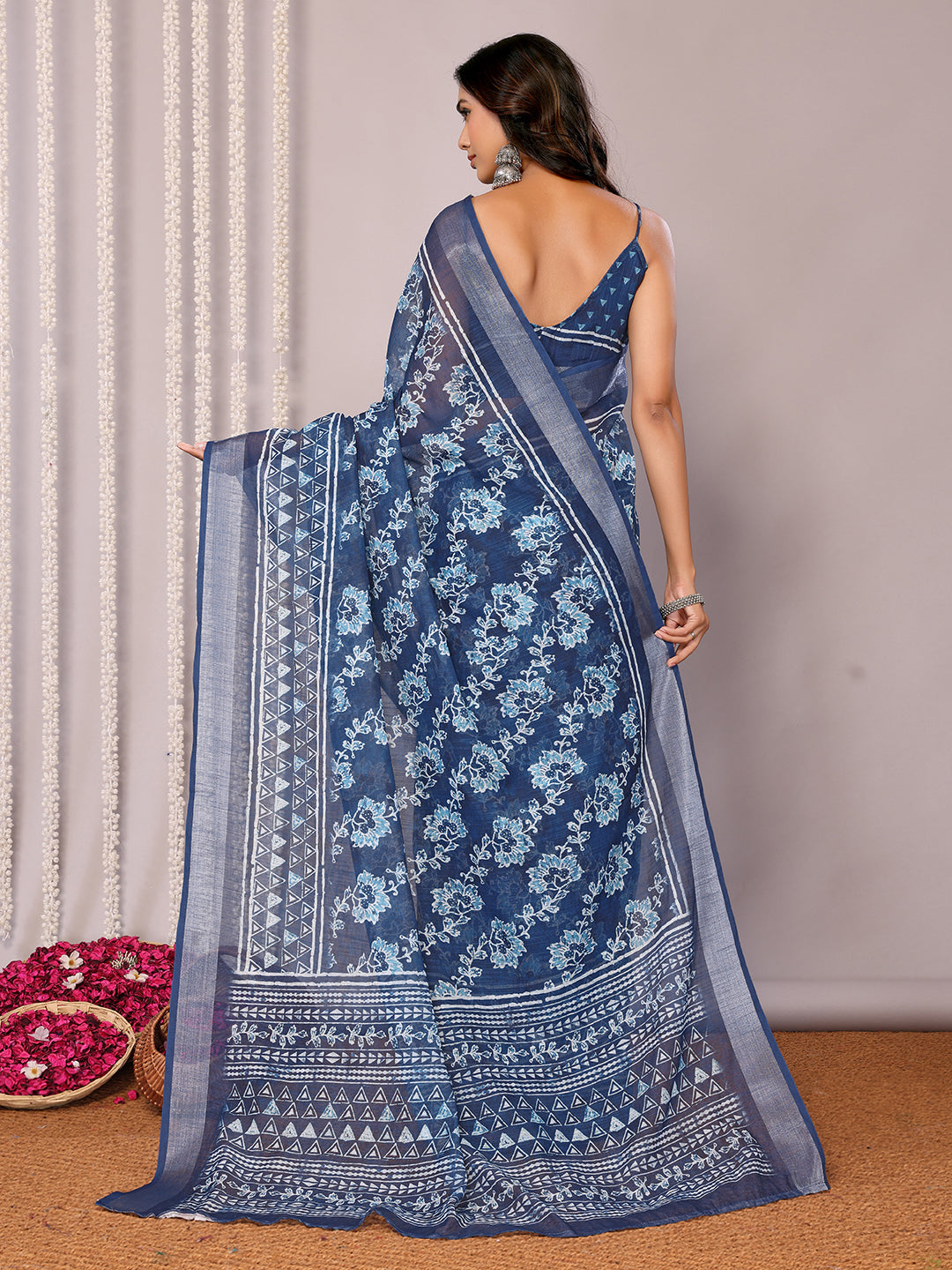 Janasya Navy Blue Cotton Linen Floral Printed Saree