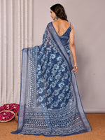 Thumbnail for Janasya Navy Blue Cotton Linen Floral Printed Saree