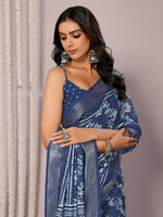 Thumbnail for Janasya Navy Blue Cotton Linen Floral Printed Saree