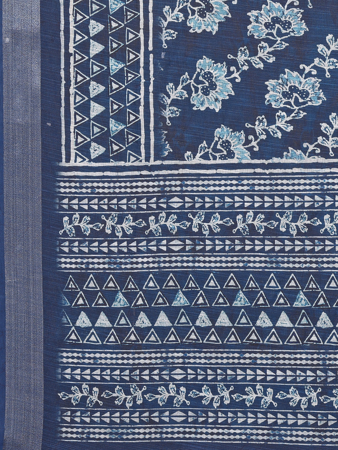 Janasya Navy Blue Cotton Linen Floral Printed Saree