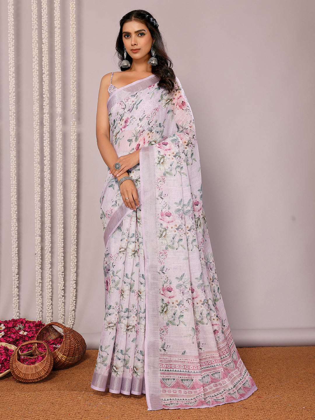 Janasya Lavender Cotton Linen Floral Printed Saree