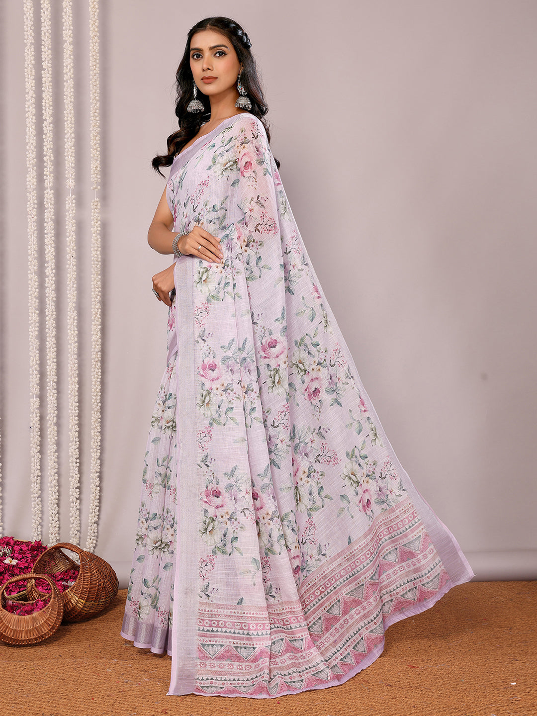 Janasya Lavender Cotton Linen Floral Printed Saree