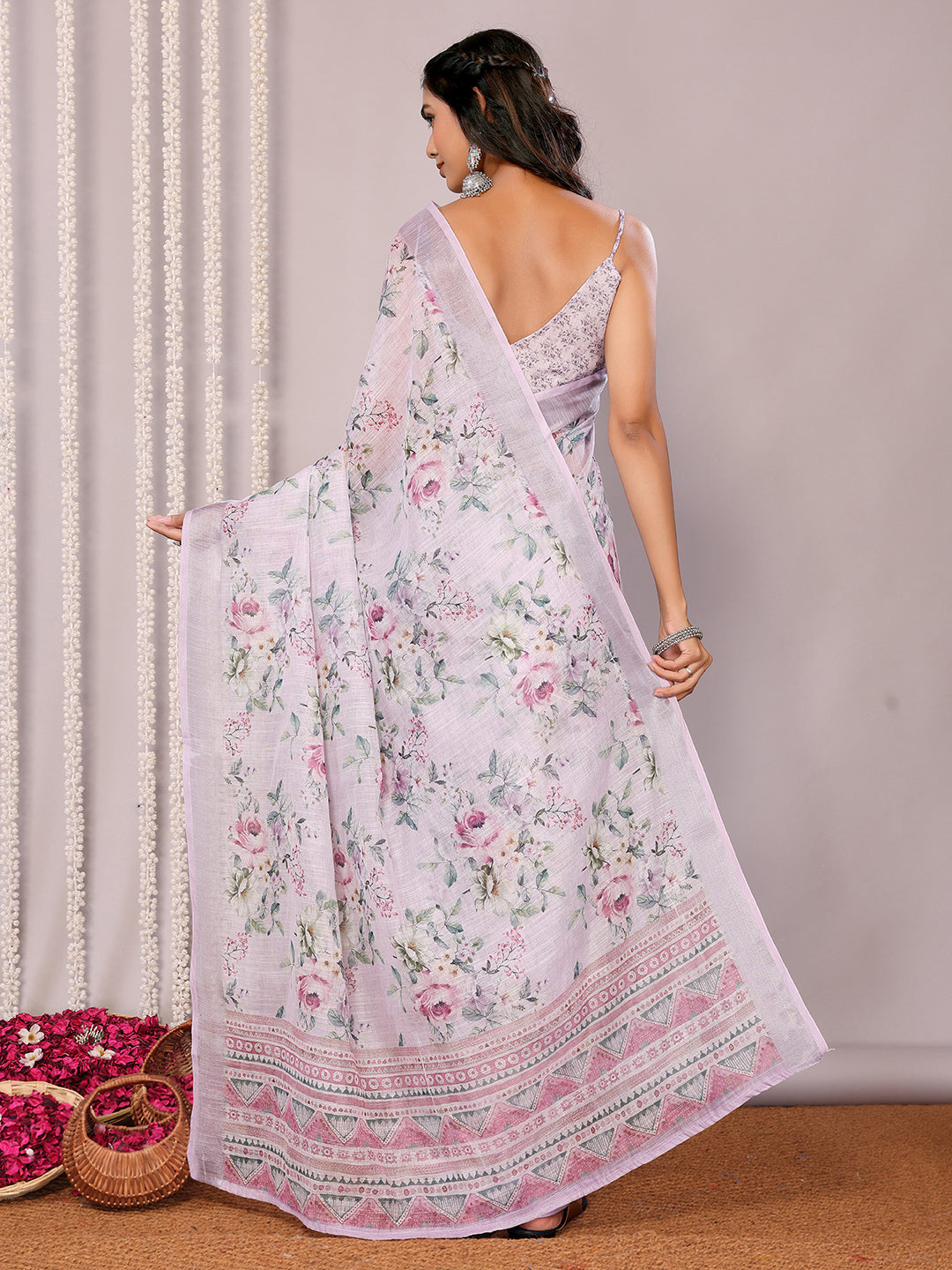 Janasya Lavender Cotton Linen Floral Printed Saree