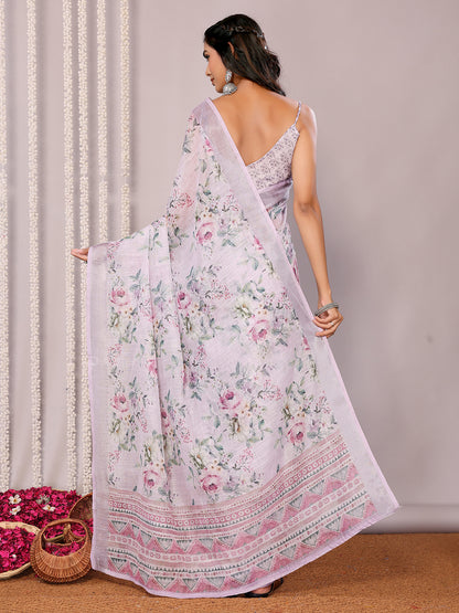 Janasya Lavender Cotton Linen Floral Printed Saree - Distacart
