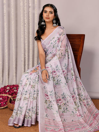 Janasya Lavender Cotton Linen Floral Printed Saree