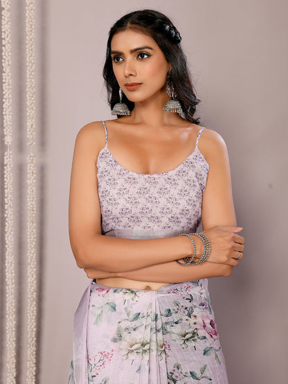 Janasya Lavender Cotton Linen Floral Printed Saree - Distacart