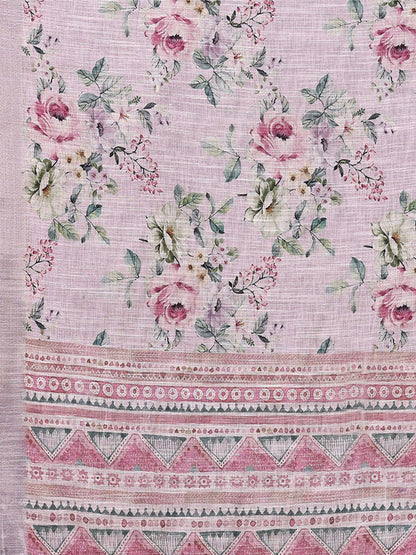 Janasya Lavender Cotton Linen Floral Printed Saree - Distacart