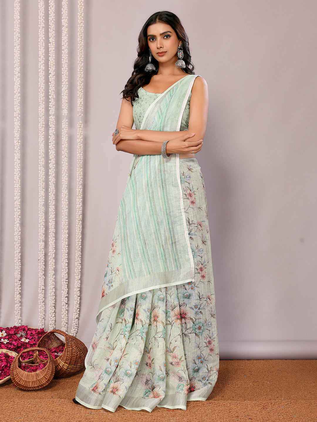 Janasya Light Green Cotton Linen Floral Printed Saree - Distacart