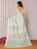 Thumbnail for Janasya Light Green Cotton Linen Floral Printed Saree