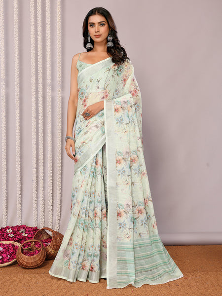 Janasya Light Green Cotton Linen Floral Printed Saree