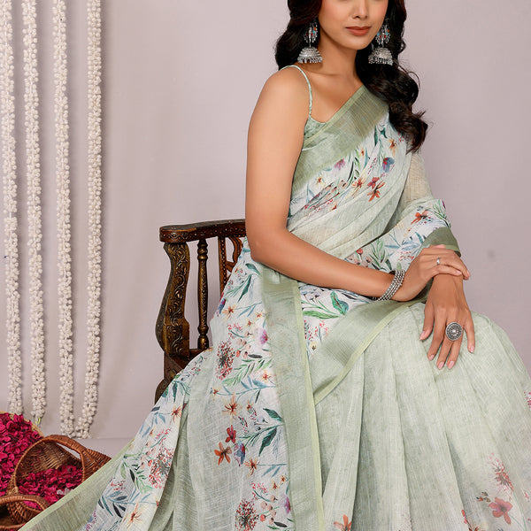 Janasya Light Green Cotton Linen Floral Printed Saree - Distacart