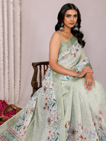 Thumbnail for Janasya Light Green Cotton Linen Floral Printed Saree
