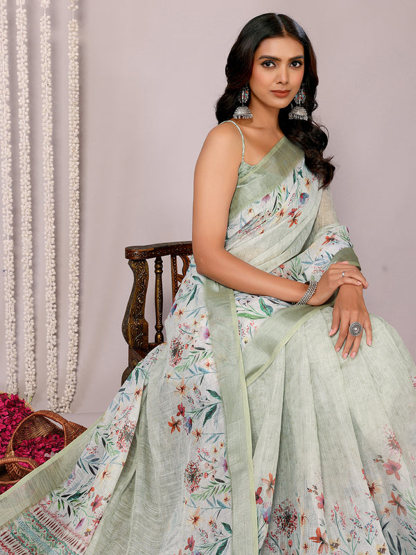 Janasya Light Green Cotton Linen Floral Printed Saree