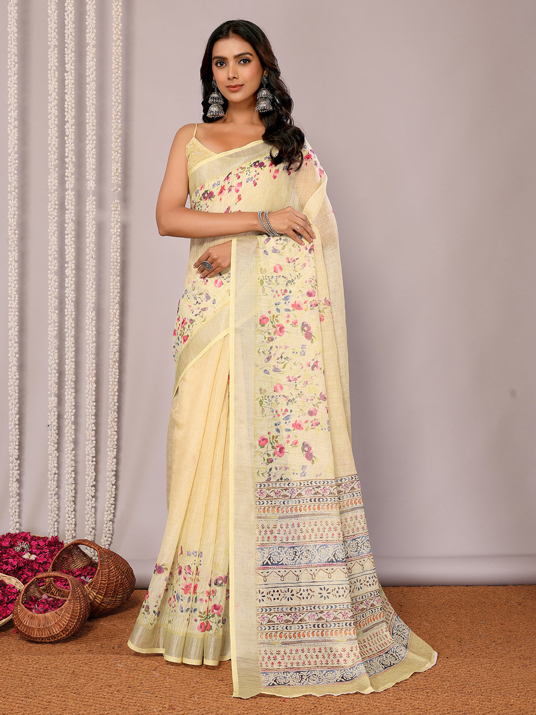 Janasya Light Yellow Cotton Linen Floral Printed Saree