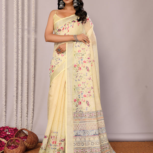 Janasya Light Yellow Cotton Linen Floral Printed Saree