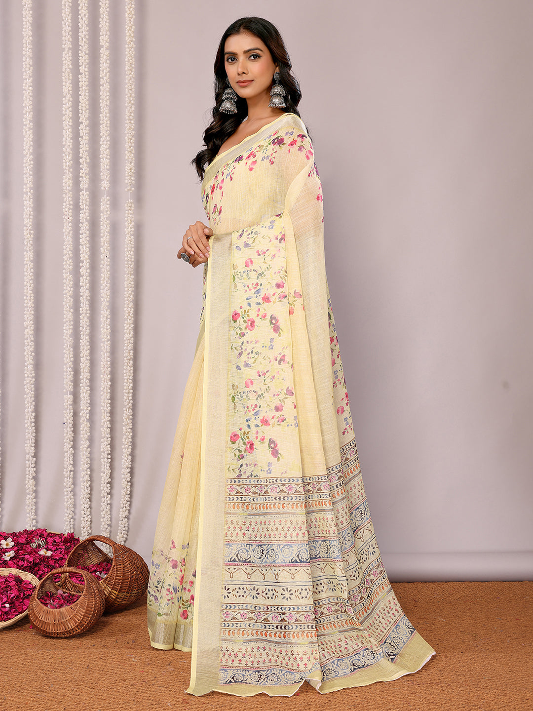 Janasya Light Yellow Cotton Linen Floral Printed Saree