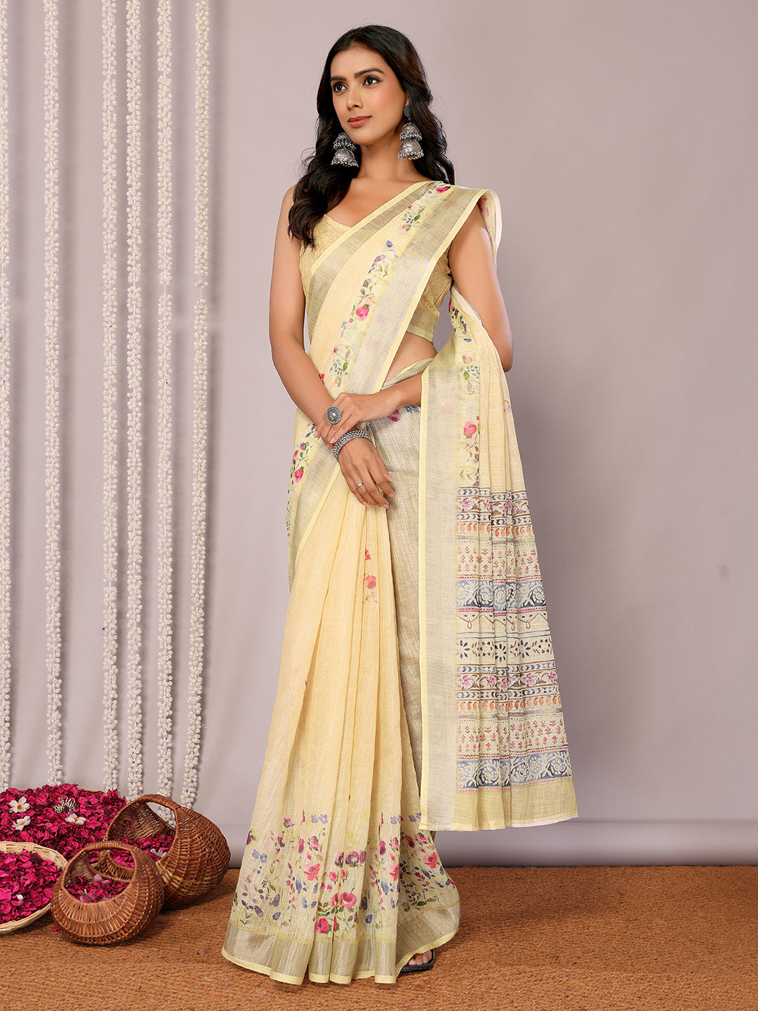 Janasya Light Yellow Cotton Linen Floral Printed Saree