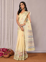 Thumbnail for Janasya Light Yellow Cotton Linen Floral Printed Saree