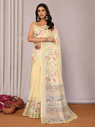 Janasya Light Yellow Cotton Linen Floral Printed Saree