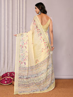 Thumbnail for Janasya Light Yellow Cotton Linen Floral Printed Saree