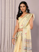 Thumbnail for Janasya Light Yellow Cotton Linen Floral Printed Saree